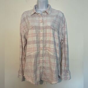 Free People Women's Pink Plaid Button Front Frayed Hem Shirt Size Medium